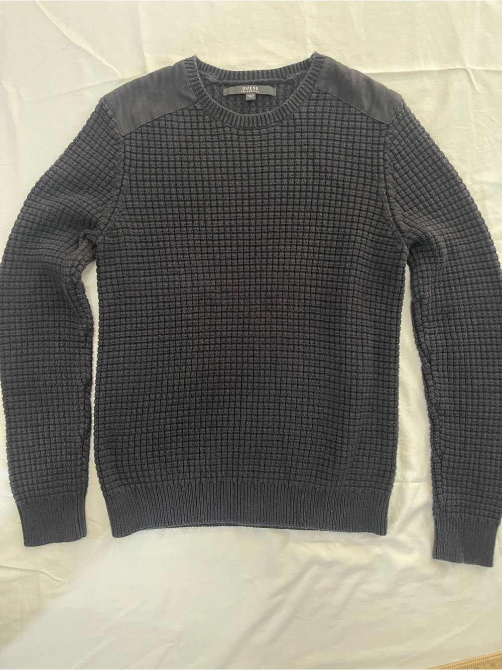 Guess Los Angeles Waffle Knit Sweater Black Faux Suede Patches Large